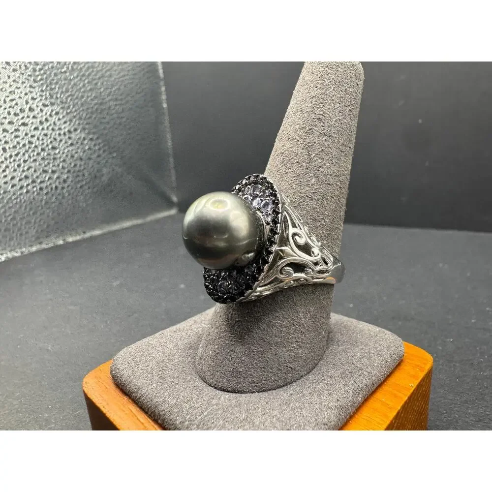 Ornate Black Pearl Ring Sterling Silver 925 Filigree Purple Black Spinel Sz 10.2